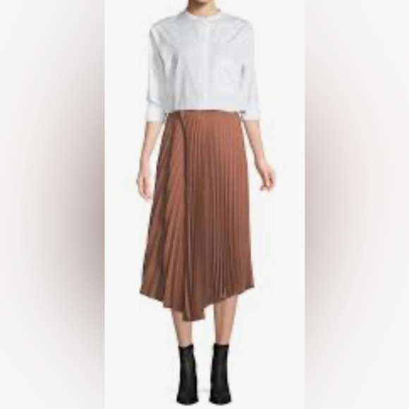 VINCE Silk Blend High Rise Crinkle Pleated Midi Skirt - Tan - Size M - Picture 1 of 9